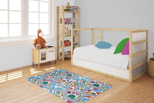 Çocuk Halısı ve Bebek Halısı Yıkanabilir Kaymaz Taban Yol Temalı Mavi Renkli Dijital Baskı Halı HC004 - 3