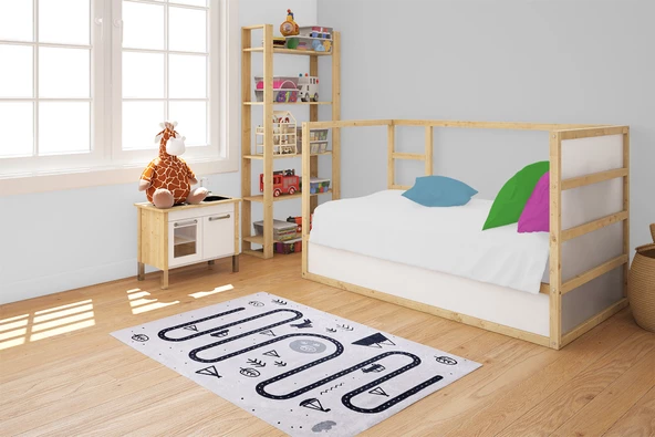 Çocuk Halısı ve Bebek Halısı Yıkanabilir Kaymaz Taban Trafik Temalı Gri Dijital Baskı Halı HC005 - 6