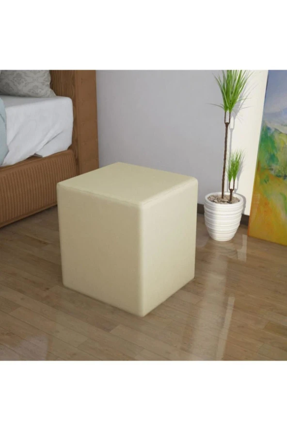 Modilayn Kare Puf Ahşap İskelet Krem Kumaş Döşeme
