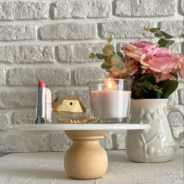 Akayev Mermer 28 Cm Ahşap Ayaklı Beyaz Yuvarlak Sunum Tabağı - 3