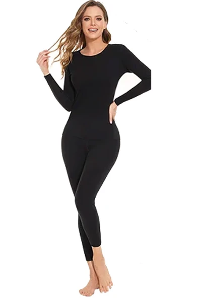 Unisex Termal Içlik Alt Üst Takım Bere Set Siyah - 4