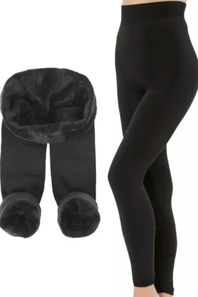Kadın Siyah İçi Polarlı Termal Peluş Tayt - 3