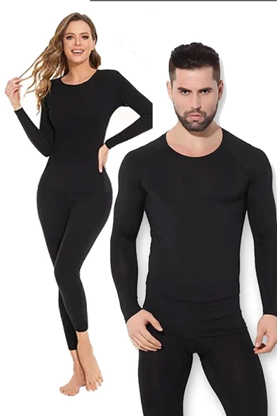 Unisex Termal Içlik Alt Üst Takım Bere Set Siyah