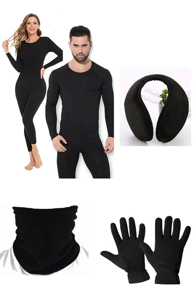 Unisex Termal İçlik Alt Üst Takım Polar Boyunluk Polar Eldiven Polar Kulaklık Set Siyah