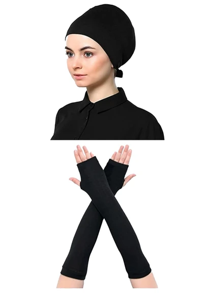 Kadın Penye Şal Düz Bone Namaz Kolluğu Siyah 3'lü Set - 3