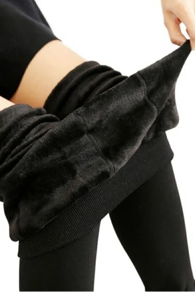 Kadın Siyah İçi Polarlı Termal Peluş Tayt - 2