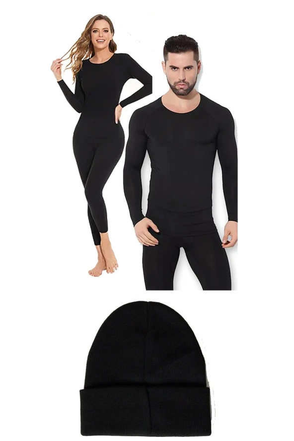 Unisex Termal İçlik Alt Üst Takım Bere Set Siyah