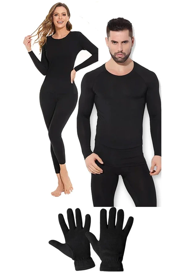 Unisex Termal İçlik Alt Üst Takım Polar Eldiven Set Siyah