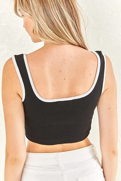 Kadın Siyah Yanı Çizgili Kare Yaka Top Crop Büstiyer - 4