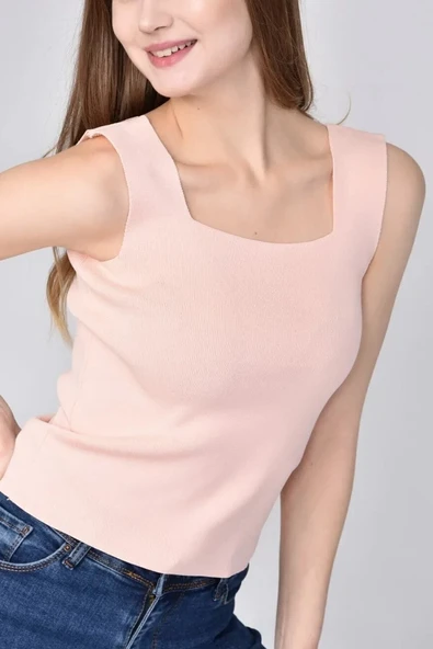 Kadın Somon Kare Yaka Kalın Askılı Triko Bluz - 2