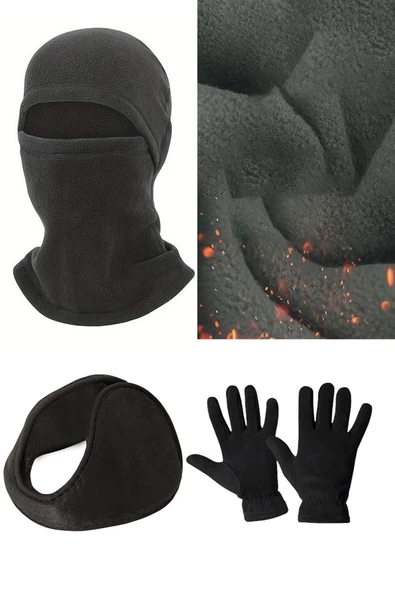 Polar Kar Maskesi Polar Eldiven Ense Tipi Polar Kulaklık Set - 3