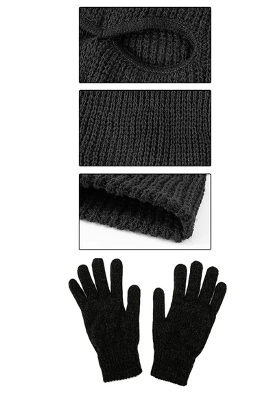 Örme Unisex Kılıç Gözyaşı Nakışlı Kar Maskesi Örme Eldiven Set Siyah - 4