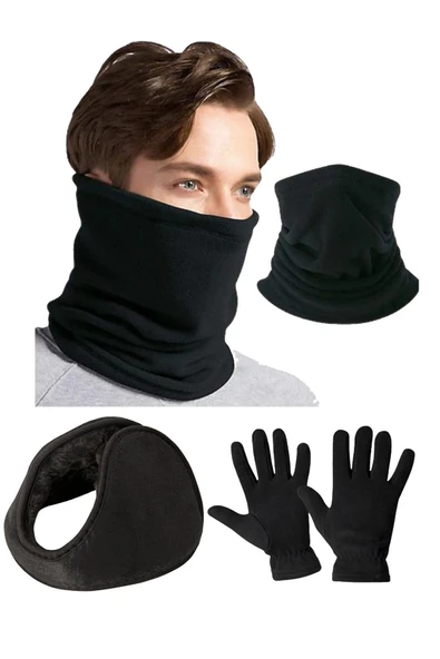Polar Boyunluk Polar Kulaklık Polar Eldiven Siyah Set