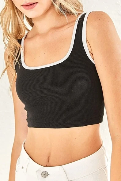 Kadın Siyah Yanı Çizgili Kare Yaka Top Crop Büstiyer - 2