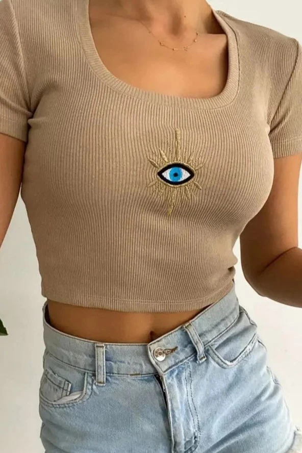 Kadın Kahverengi Kare Yaka Göz Nakışlı Crop Top Bluz