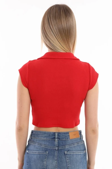 Kadın Kırmızı Polo Yaka Crop Top - 3