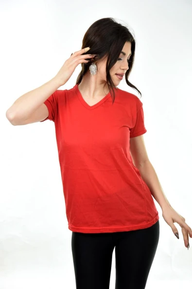 V Yaka Basic Kadın Tişört T-shirt Kırmızı - 2