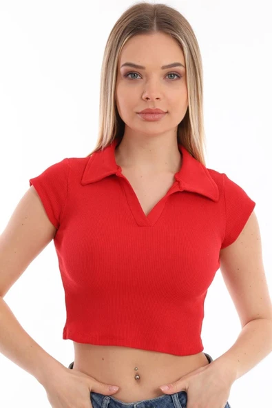 Kadın Kırmızı Polo Yaka Crop Top - 2