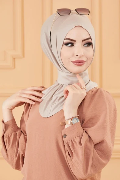 Kadın Tesettür Çıtçıtlı Bone Sandy Hijab Boyunluk Bone Açık Vizon - 2