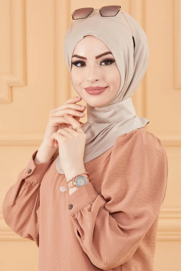 Kadın Tesettür Çıtçıtlı Bone Sandy Hijab Boyunluk Bone Açık Vizon