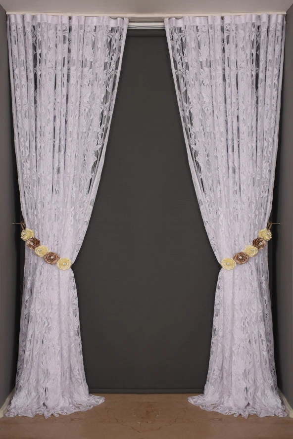 YAPRAK  MODEL BEYAZ RENK İP PERDE HAZIR DÜĞMELERİ DİKİLMİŞ İP PERDE 300*270 cm - Resim 7