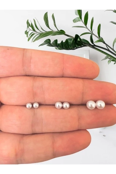 Cerrahi Çelik Üç Çift İncili Top Küpe (Üç Farklı Boy) - 2