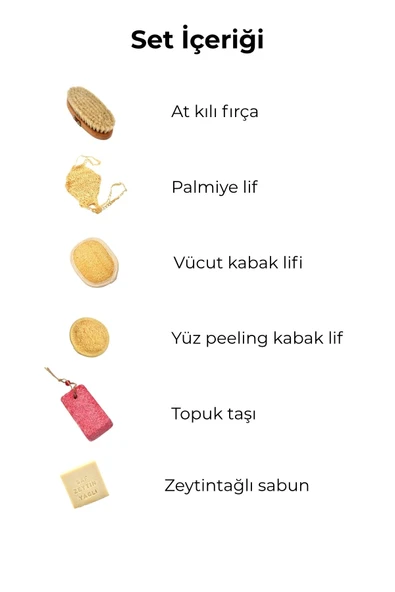 6'lı Banyo Seti Doğal Kabak Lifi + Zeytinyağlı Sabun +At Kılı Masaj Fırçası + Topuk Taşı - Resim 2