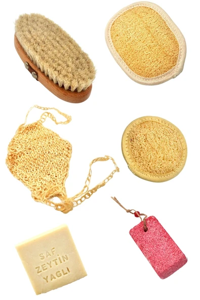 6'lı Banyo Seti Doğal Kabak Lifi + Zeytinyağlı Sabun +At Kılı Masaj Fırçası + Topuk Taşı ürün görseli