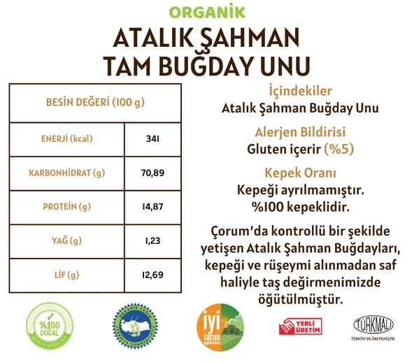 Taş Değirmenden Organik Organik Atalık Şahman Tam Buğday Unu - 10 Kilo - Resim 2