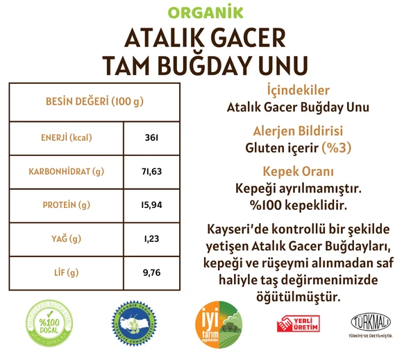 Taş Değirmenden Organik Organik Atalık Gacer Tam Buğday Unu - 10 Kilo - Resim 2