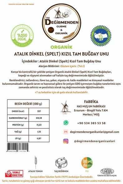Organik Atalık Dinkel Spelt Kızıl Tam Buğday Unu - 10 Kilo - 2