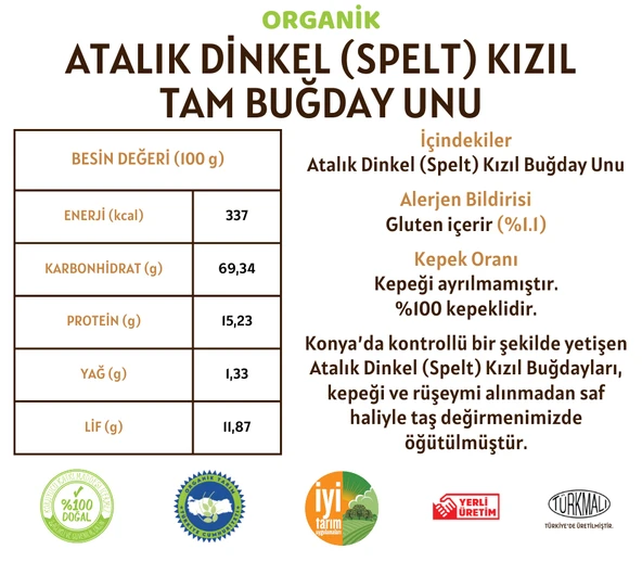Taş Değirmenden Organik Organik Atalık Dinkel Spelt Kızıl Tam Buğday Unu - 10 Kilo - Resim 2