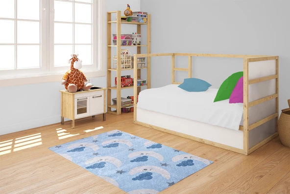 Çocuk Halısı ve Bebek Halısı Yıkanabilir Kaymaz Taban Bulutlar Mavi Dijital Baskı Halı HC010 - 6