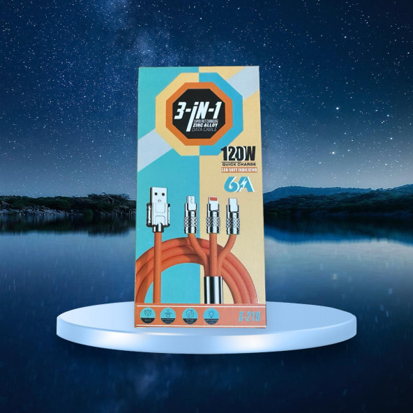 120W METAL UÇLU 3 DEĞİŞİK BAŞLIKLI ŞARJ KABLOSU