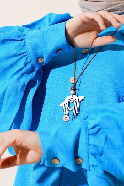 Balon Kol Keten Gömlek Mavi - Resim 4