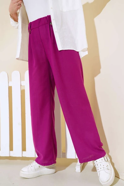 Düğme Detaylı Keten Salaş Pantolon Menekşe ürün görseli 1