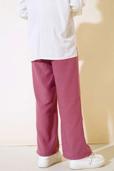 Düğme Detaylı Keten Salaş Pantolon Magenta - 3