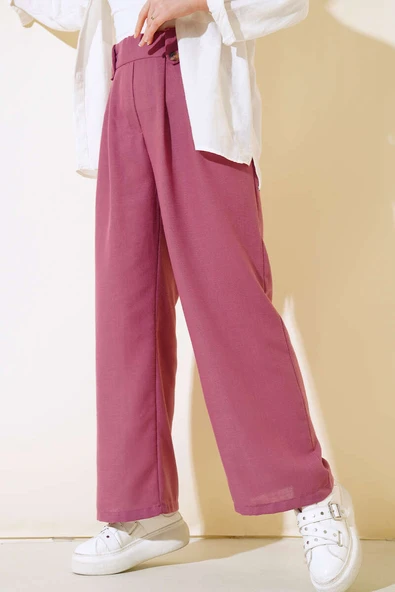 Düğme Detaylı Keten Salaş Pantolon Magenta - 2