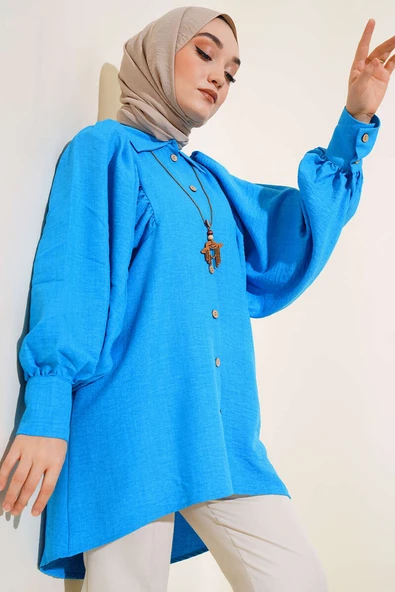 Balon Kol Keten Gömlek Mavi ürün görseli 1