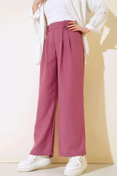 Düğme Detaylı Keten Salaş Pantolon Magenta - 1