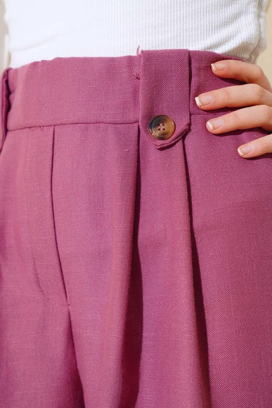 Düğme Detaylı Keten Salaş Pantolon Magenta - 4