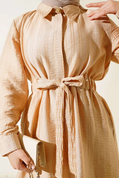 Belden Tünel Bağlamalı Uzun Tunik Bej - Resim 4