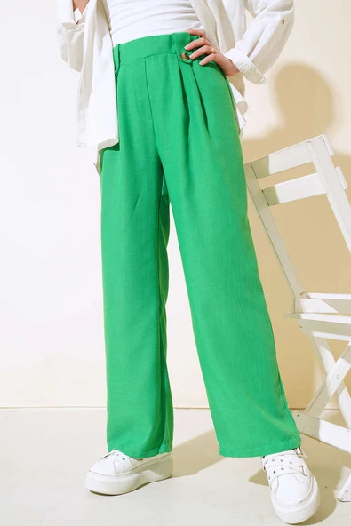 Düğme Detaylı Keten Salaş Pantolon Yeşil - Resim 2