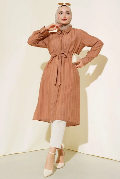 Belden Tünel Bağlamalı Uzun Tunik Latte ürün görseli 1