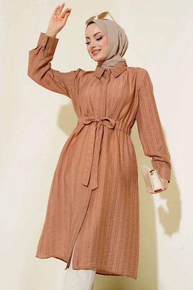 Belden Tünel Bağlamalı Uzun Tunik Latte - Resim 2