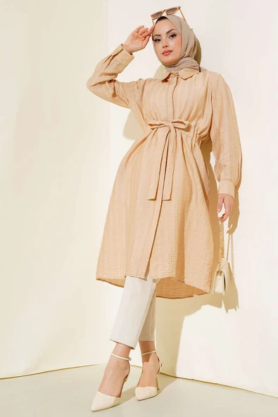 Belden Tünel Bağlamalı Uzun Tunik Bej - Resim 2