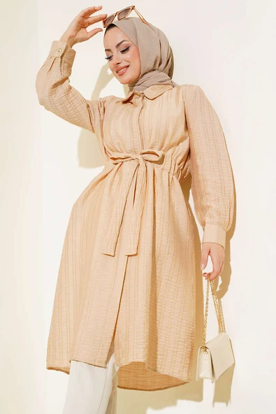 Belden Tünel Bağlamalı Uzun Tunik Bej ürün görseli