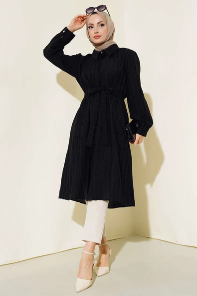 Belden Tünel Bağlamalı Uzun Tunik Siyah - Resim 2