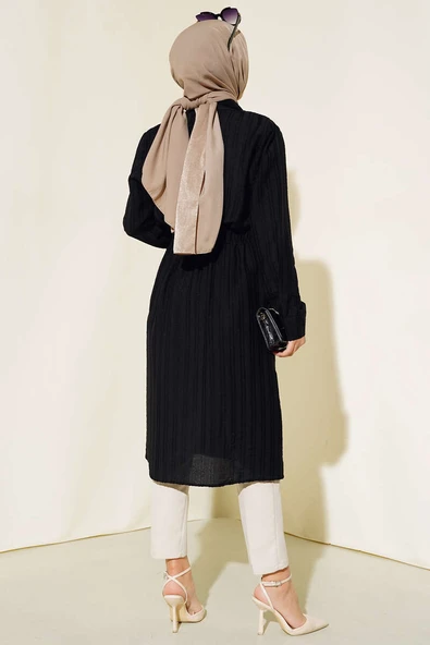 Belden Tünel Bağlamalı Uzun Tunik Siyah - Resim 3