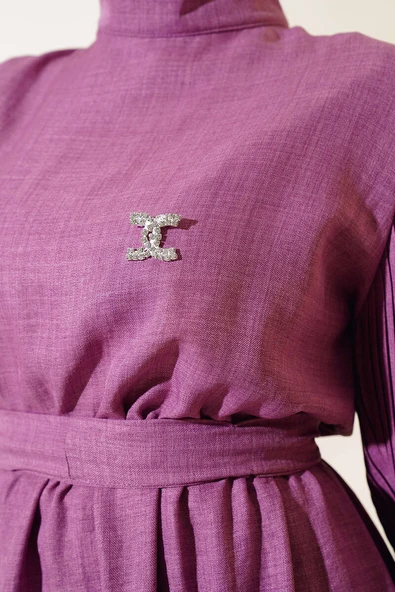 Kolu Piliseli Keten Elbise Magenta - Resim 4